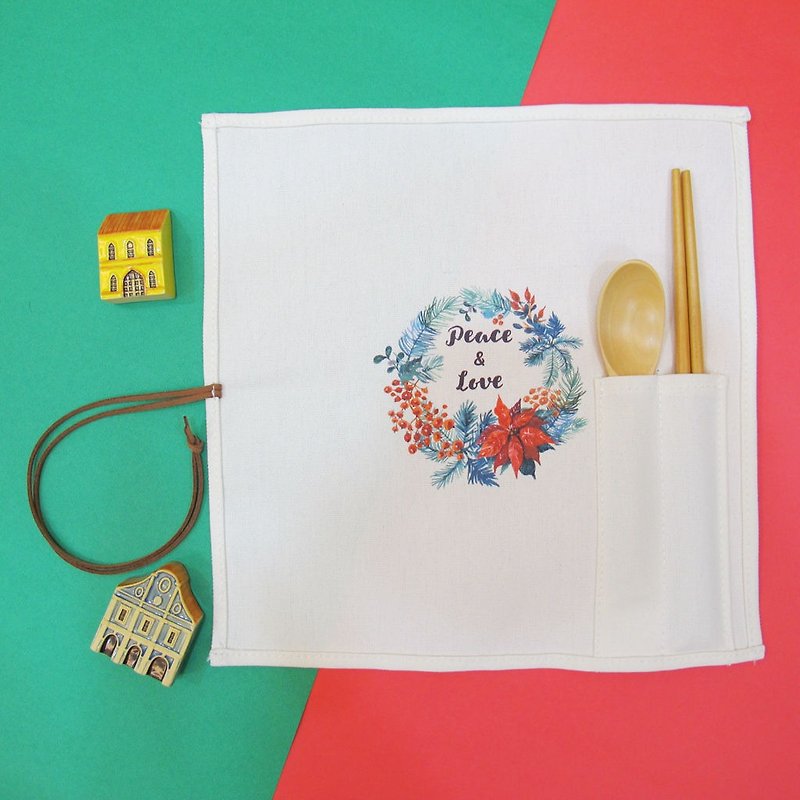 客製化-木筷湯匙隨身收納純棉帆布套袋組-聖誕禮物-G款 - 筷子/筷子架 - 棉．麻 白色