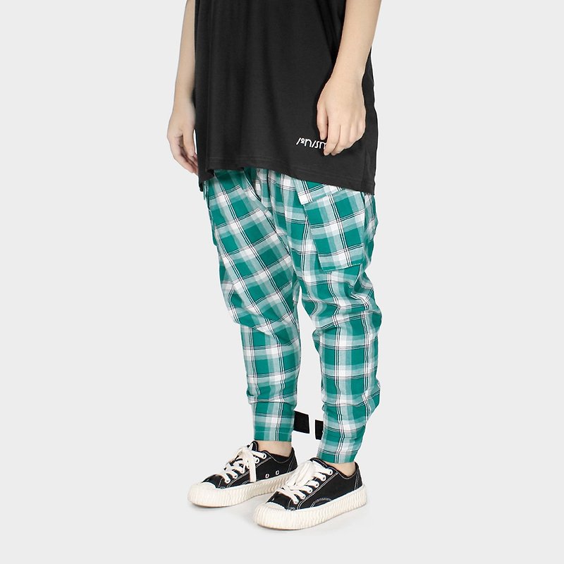 [Ionism] Low-end army pants green check pattern - กางเกงขายาว - ผ้าฝ้าย/ผ้าลินิน สีเขียว