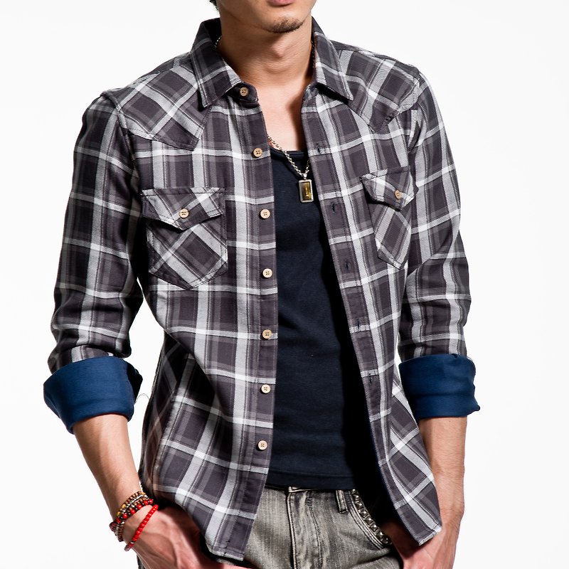 Grey/white mixed color plaid twill wood button thick long-sleeved shirt/light coat - Men's Shirts - Cotton & Hemp 