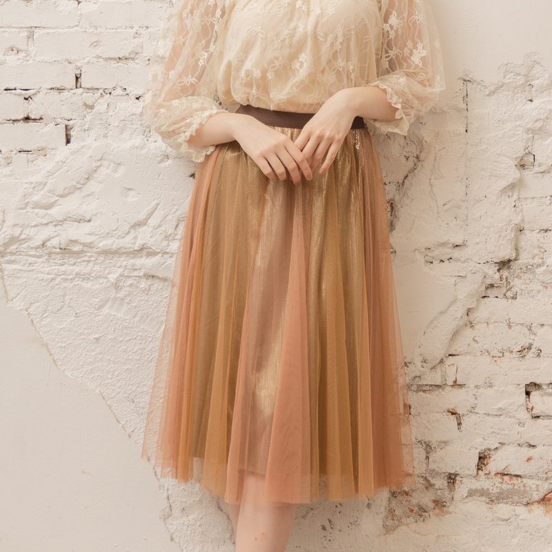 撞色內光澤菲莉絲短紗裙   咖 - 裙子/長裙 - 聚酯纖維 咖啡色