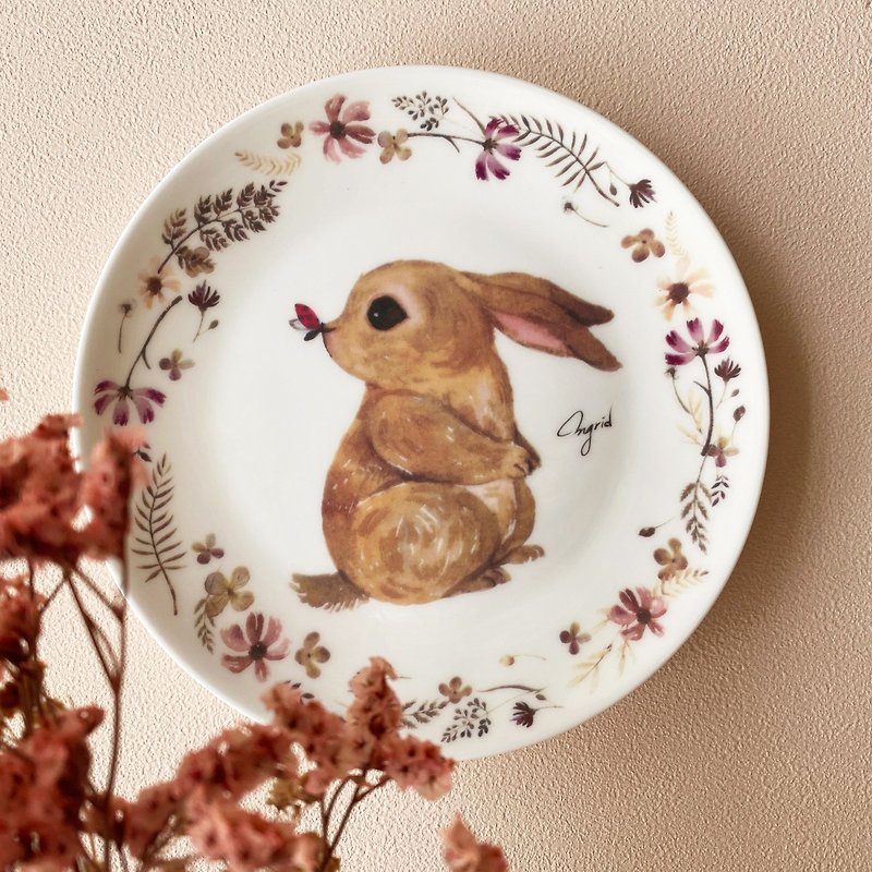 Customized cooperation illustration artist-English Blue Cat-Rabbit Garden - Plates & Trays - Porcelain Multicolor