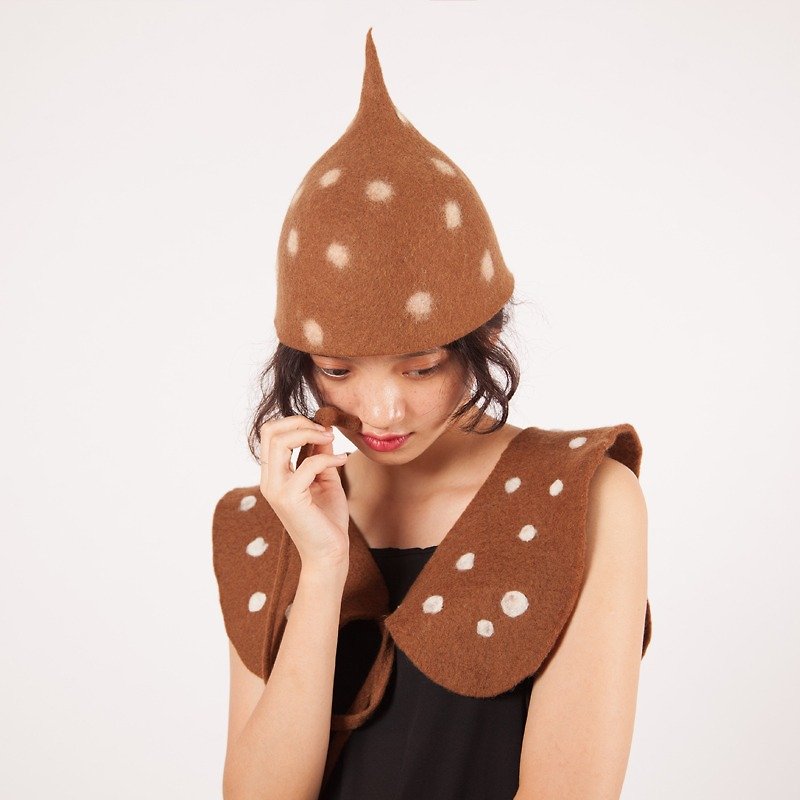 軻人原創手工帽子女創意鹿帽系列漁夫帽貝雷帽羊毛氈森系甜美可愛 - 帽子 - 羊毛 咖啡色