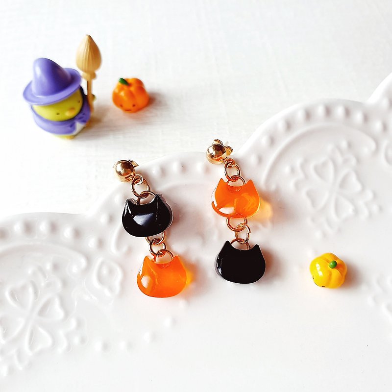 925 Silver Halloween Earrings Ear Needles Clip-On Cat Japanese Black Orange Cute Girl Gift Healing - ต่างหู - เรซิน สีส้ม