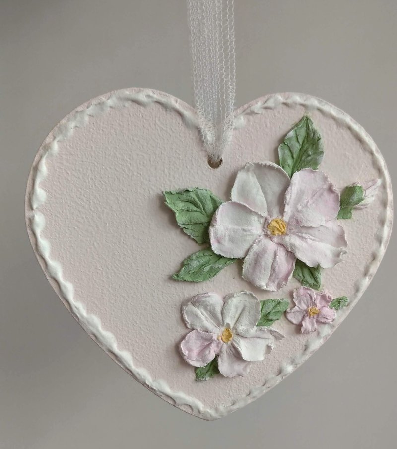 Pink hanging heart with sakura Mother gift Birthday gift Wedding floral decor - 其他 - 木頭 粉紅色