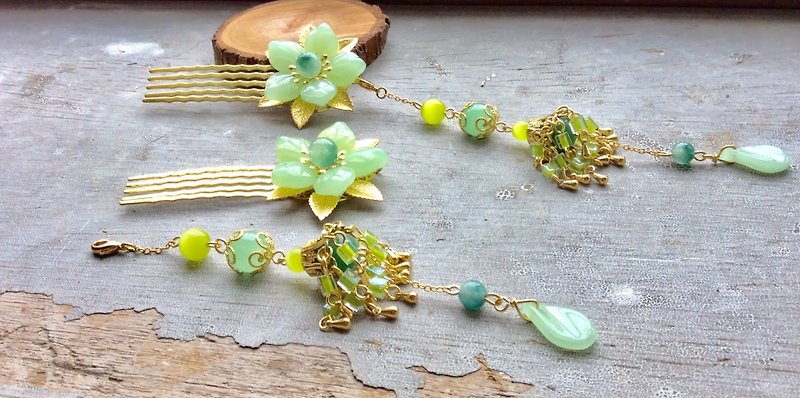 Handmade by Meow~Chinese style antique five-petal flower hair comb (fruit green/gold/pair) - Hair Accessories - Other Materials Green