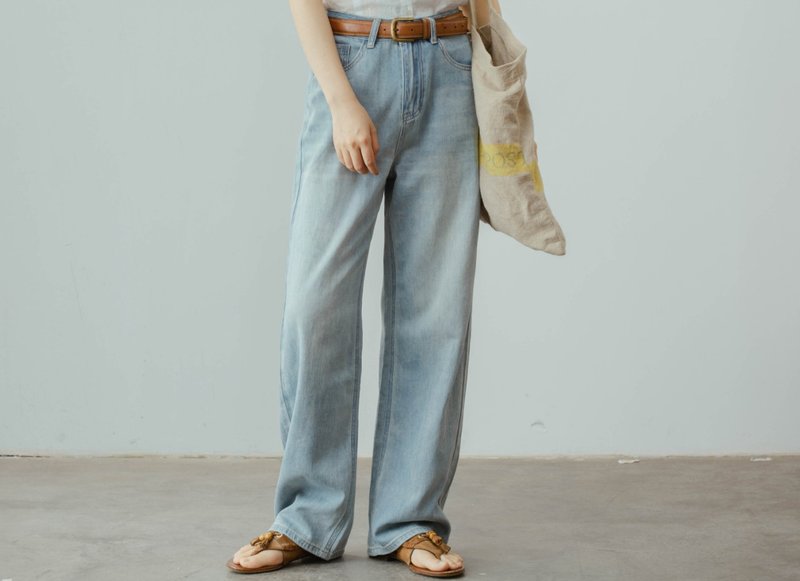 法式復古 街頭高腰闊腿牛仔褲 - 女長褲 - 棉．麻 藍色