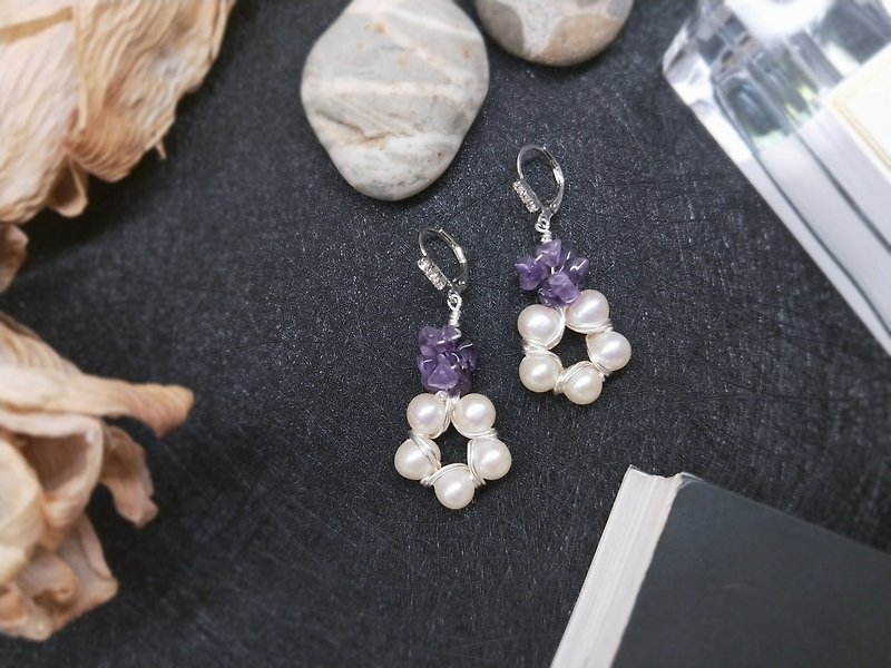 earring. Pearl flower * amethyst ear hook earrings - Earrings & Clip-ons - Pearl Multicolor