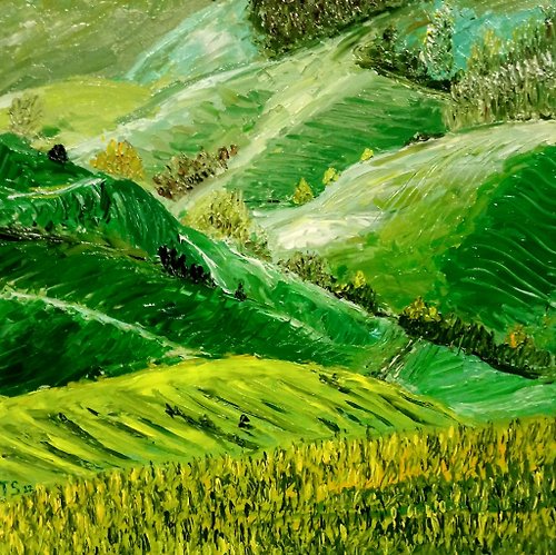 tanycollection Original oil painting Green Hills, 30x30 cm. Unframed