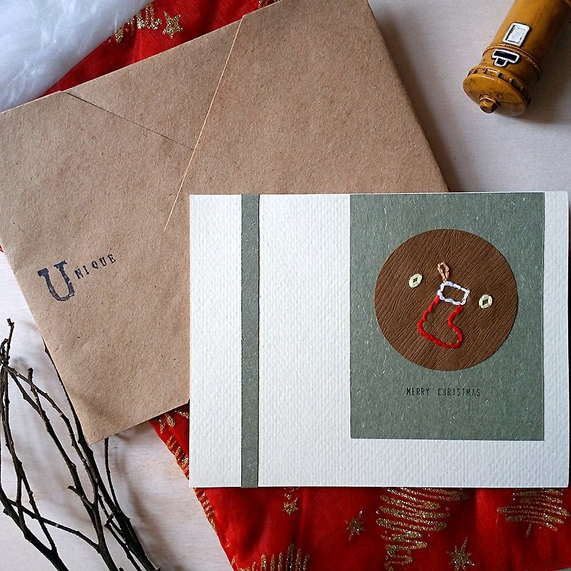 手縫い画像クリスマスカード（クリスマスの靴下）（オリジナル） - カード・はがき - 紙 多色