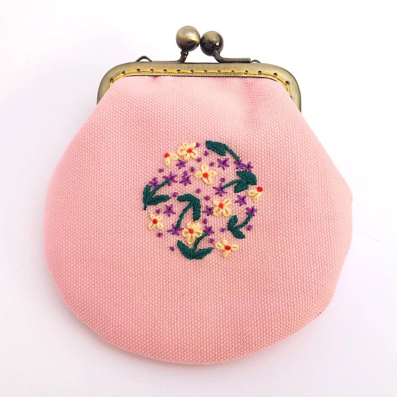 刺繡フラワーマウスゴールドスモールバッグ - 小銭入れ - コットン・麻 ピンク