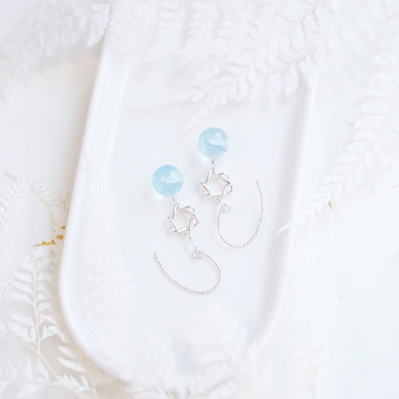 透體海藍寶石球球 純銀六芒星 耳環  客製 耳夾 聖水晶天然石 - 耳環/耳夾/耳骨夾 - 寶石 灰色