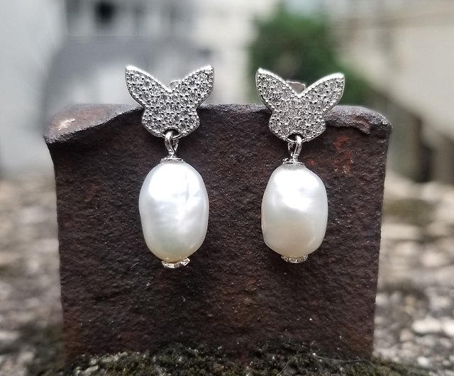 Organic Keshi Pearl Earrings • White Keshi Pearls & Sterling