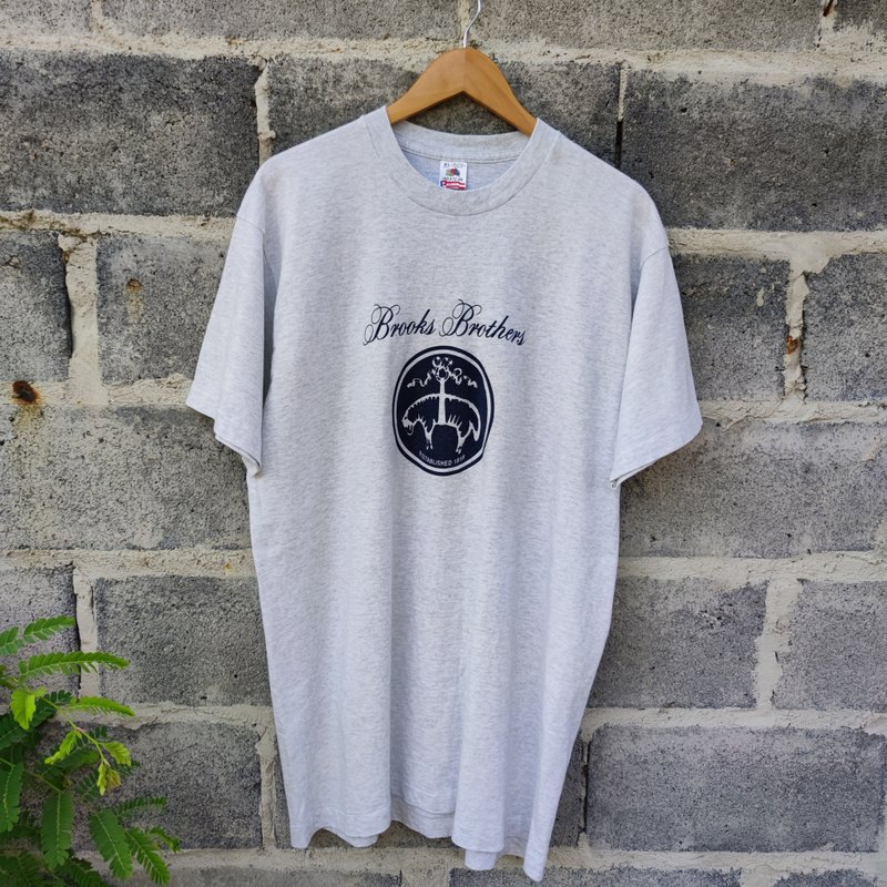Vintage 90s  Brooks Brothers Spellout Logo Single Stitch T-Shirt - 男 T 恤 - 棉．麻 灰色