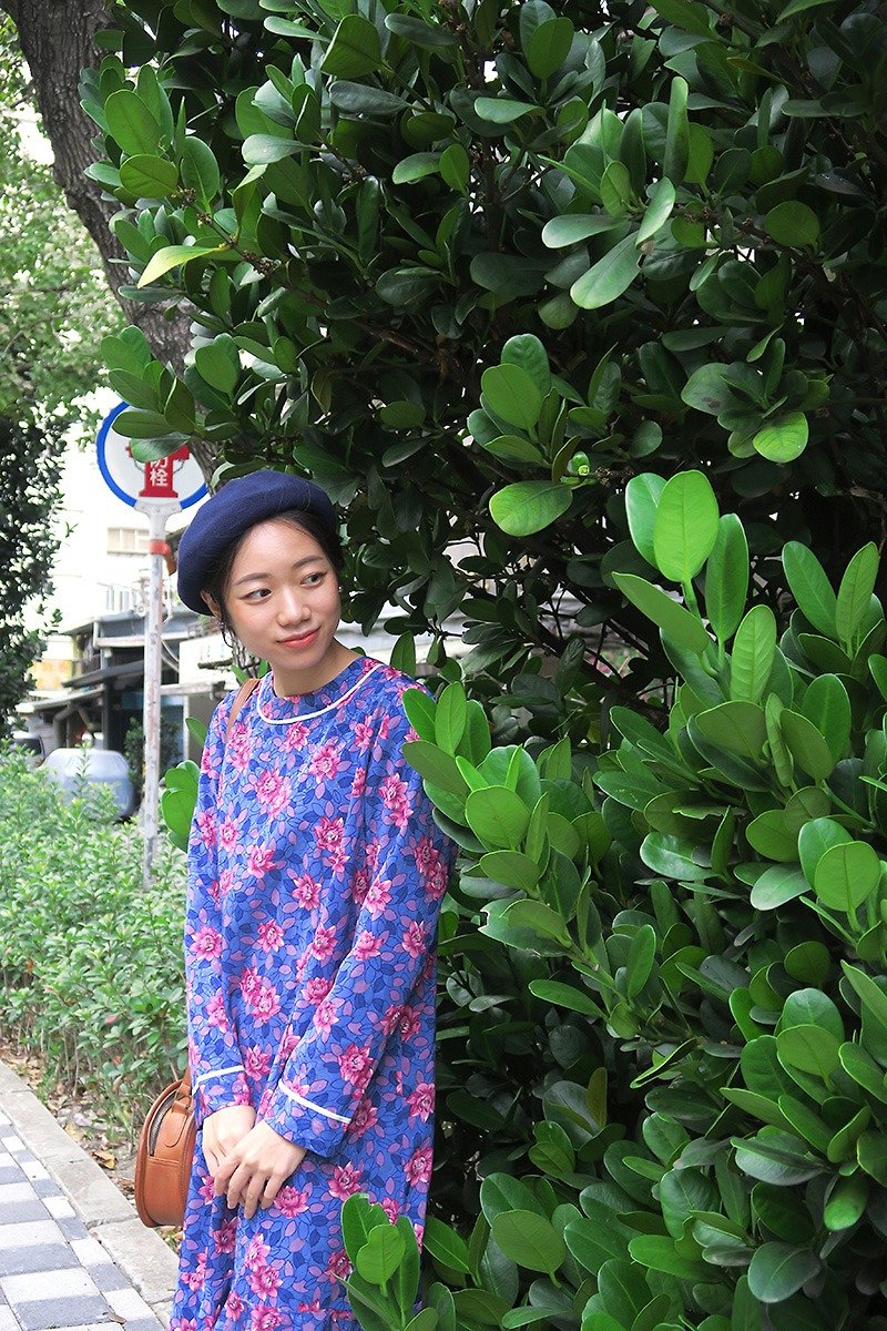 荷花盛開印花。日本古著洋裝 - 連身裙 - 其他人造纖維 紫色