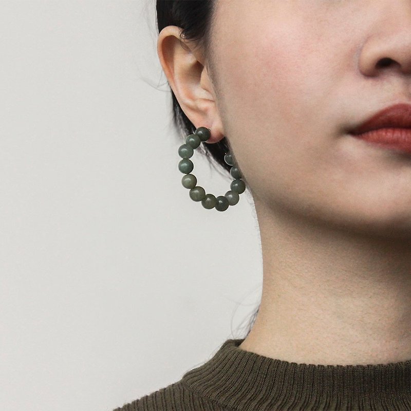 Green Beaded Circle Earrings - 925 Sterling Silver Needles - Earrings & Clip-ons - Gemstone Green
