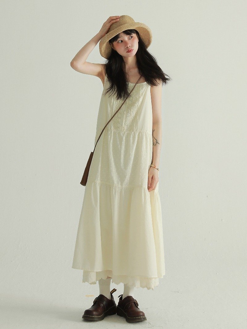 Apricot slightly transparent inner suspender dress Retro literary layered mid-length dress One size fits all - One Piece Dresses - Cotton & Hemp White
