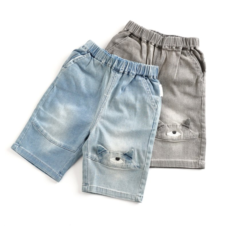 [Clearing Offer] Little Monster Embroidered Denim Cropped Pants Black/Blue - Pants - Cotton & Hemp Multicolor