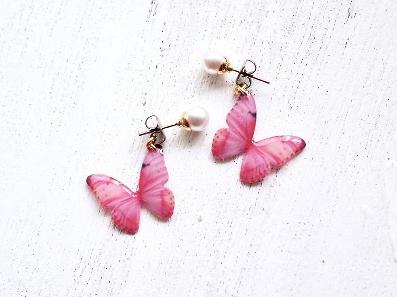 Light Pink Butterfly Earrings With Pearl, PB02 - ต่างหู - ผ้าฝ้าย/ผ้าลินิน สึชมพู