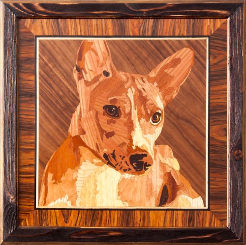 Woodins Basenji Dog portrait inlay framed mosaic wood panel ready to hang home wall