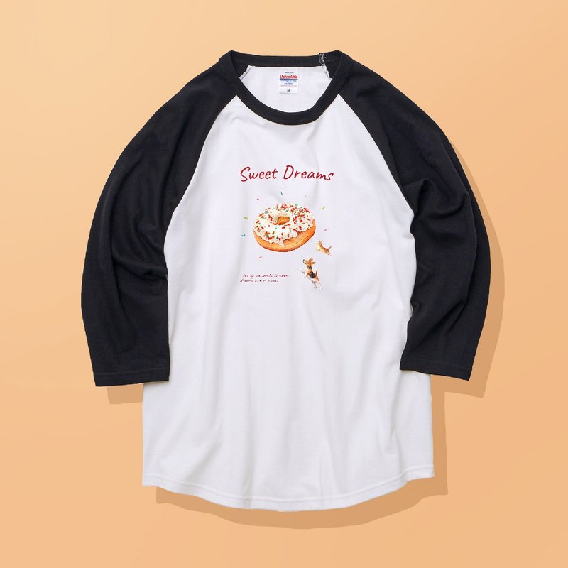 SWEET DREAMS —イヌ&ネコとドーナツ /安心のクオリティ/リラックス七分袖Tシャツ - 女 T 恤 - 棉．麻 白色