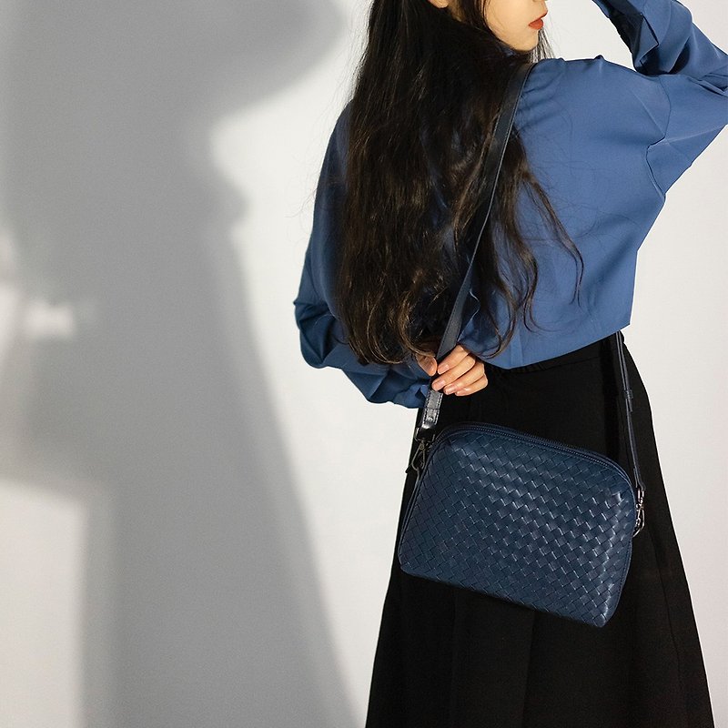 Sheepskin woven double-layer bag cross-body shoulder bag [dark blue] - Messenger Bags & Sling Bags - Genuine Leather Blue