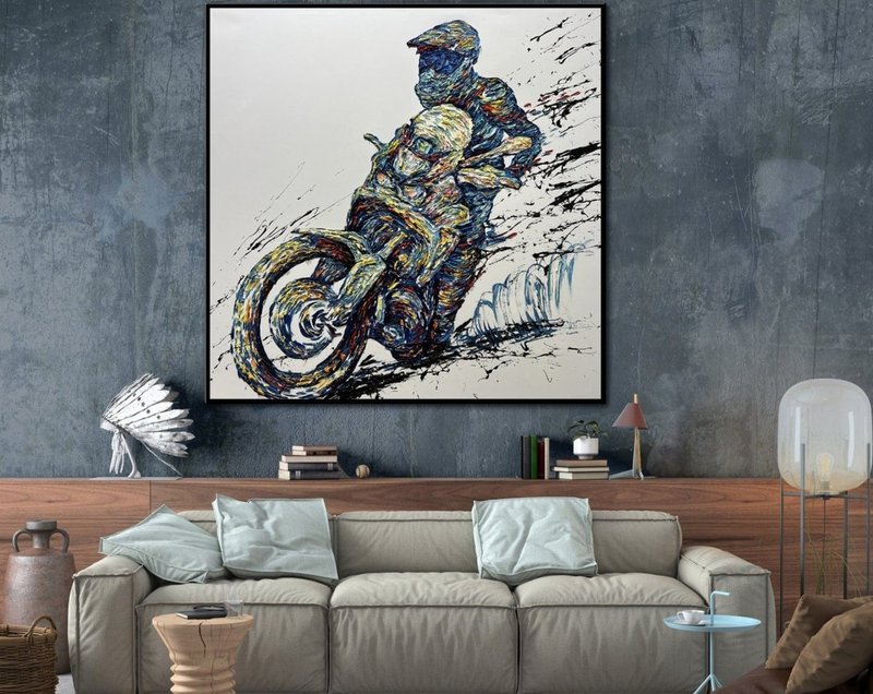 Abstract Motorcycle Paintings On Canvas Original Motorsport Impasto Wall Art - ตกแต่งผนัง - อะคริลิค หลากหลายสี