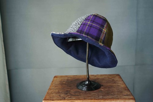 Papas Bow Tie 設計手作-綠燈芯絨紫格紋灰毛呢拼接山丘帽 漁夫帽