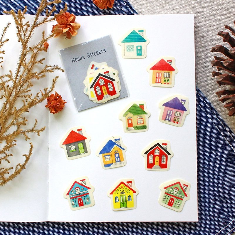 Small House - Hand-painted watercolor and paper stickers pack (10 in) - สติกเกอร์ - กระดาษ หลากหลายสี