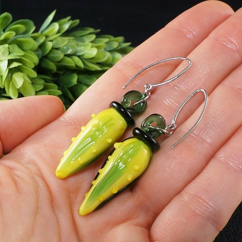 Yellow Corn Lampwork Glass Earrings Long Dangle Vegan Vegetable Earrings Jewelry - 耳環/耳夾/耳骨夾 - 玻璃 黃色