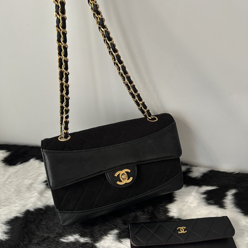 中古包 CHANEL 香奈兒 89 年經典布拼皮 Classic Flap - 側背包/斜孭袋 - 真皮 黑色