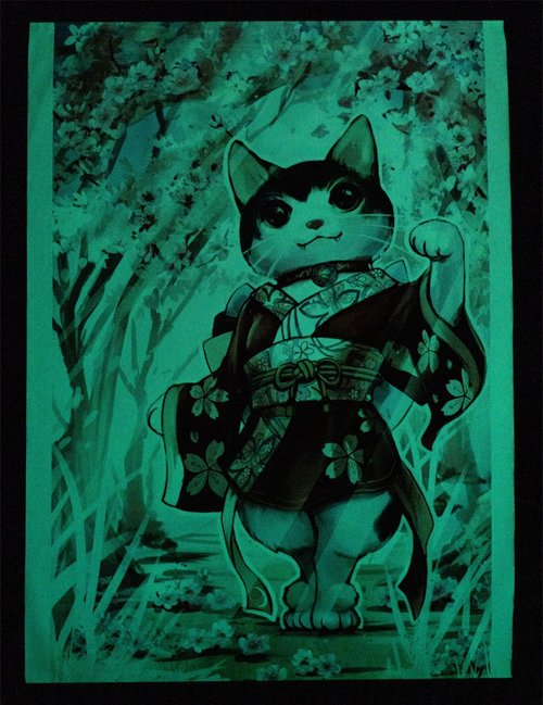 明るい布の掛軸絵画-エジプトとロシアのブルー猫、和風の桜の3匹の