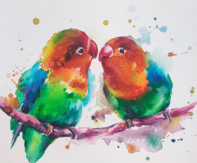 ラブバード 水彩画 オウム オリジナルアート鳥のイラスト 動物