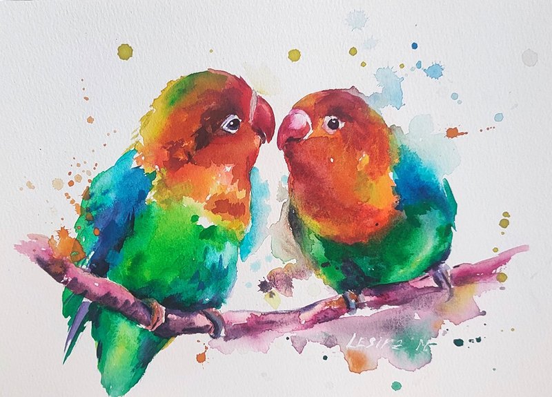 Lovebirds Watercolor Painting Parrots Original Art Bird Illustration Animal Art - 壁貼/牆壁裝飾 - 紙 綠色