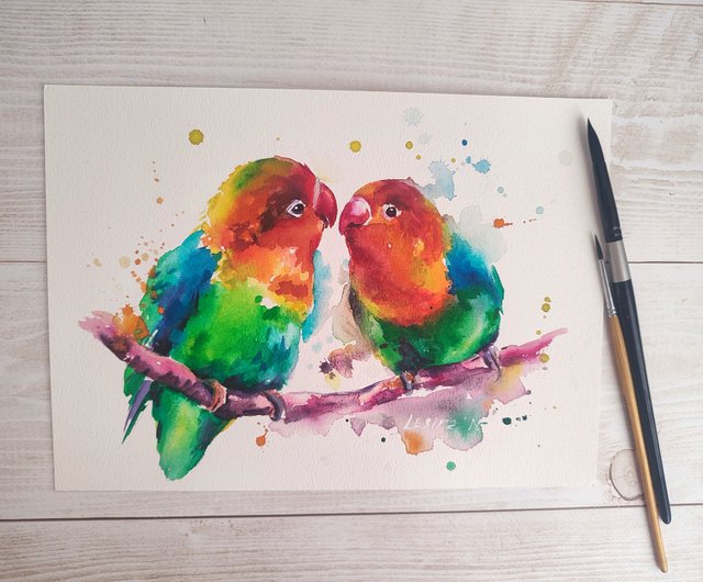 ラブバード 水彩画 オウム オリジナルアート鳥のイラスト 動物アート