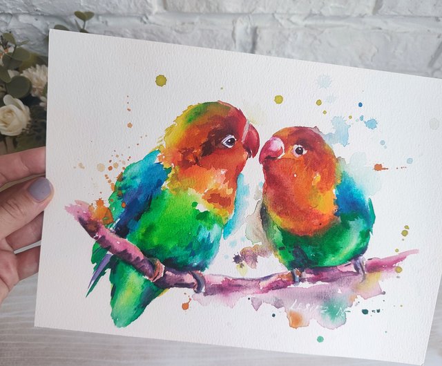 ラブバード 水彩画 オウム オリジナルアート鳥のイラスト 動物アート