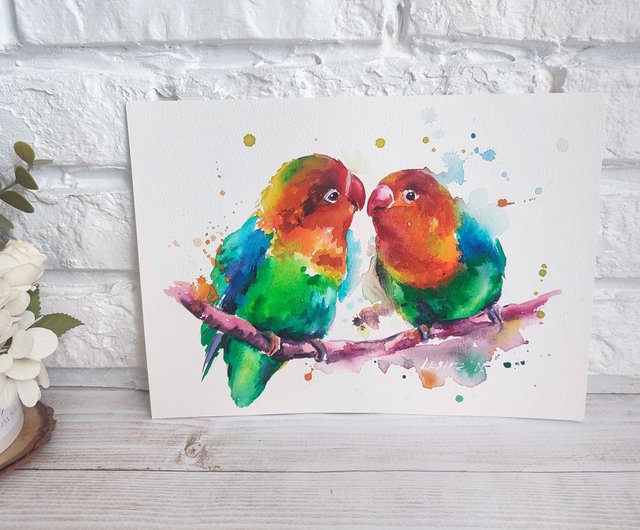ラブバード 水彩画 オウム オリジナルアート鳥のイラスト 動物