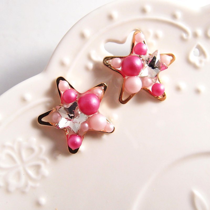 草莓粉 星星 - 不痛U型耳夾 不鏽鋼耳針 矽膠耳針 - 耳環/耳夾 - 矽膠 粉紅色