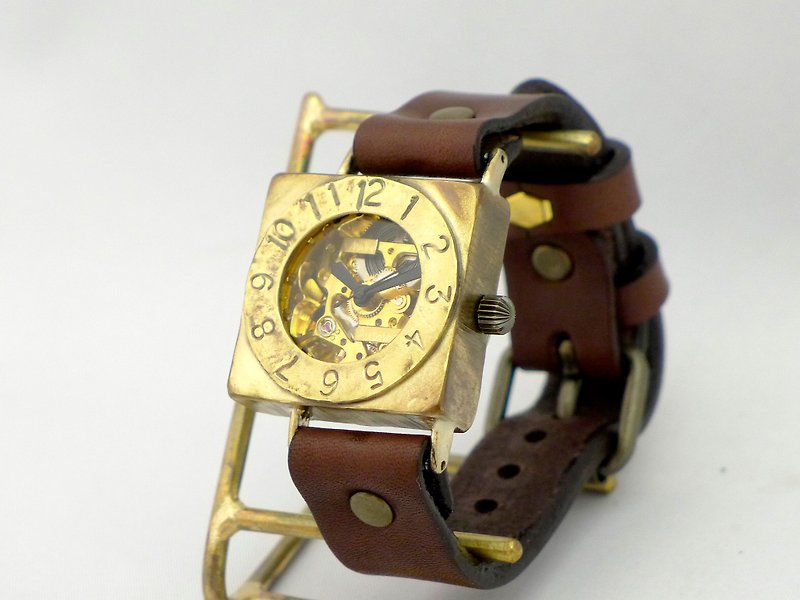 手作り時計 自動巻きスクエアBrass (BAM049 BR) - 男錶/中性錶 - 銅/黃銅 金色