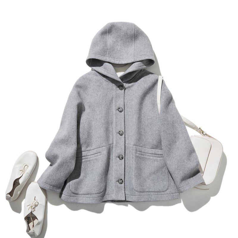 Lightweight and warm hooded wool outerwear, grey 241206-1 - Women's Blazers & Trench Coats - Wool 