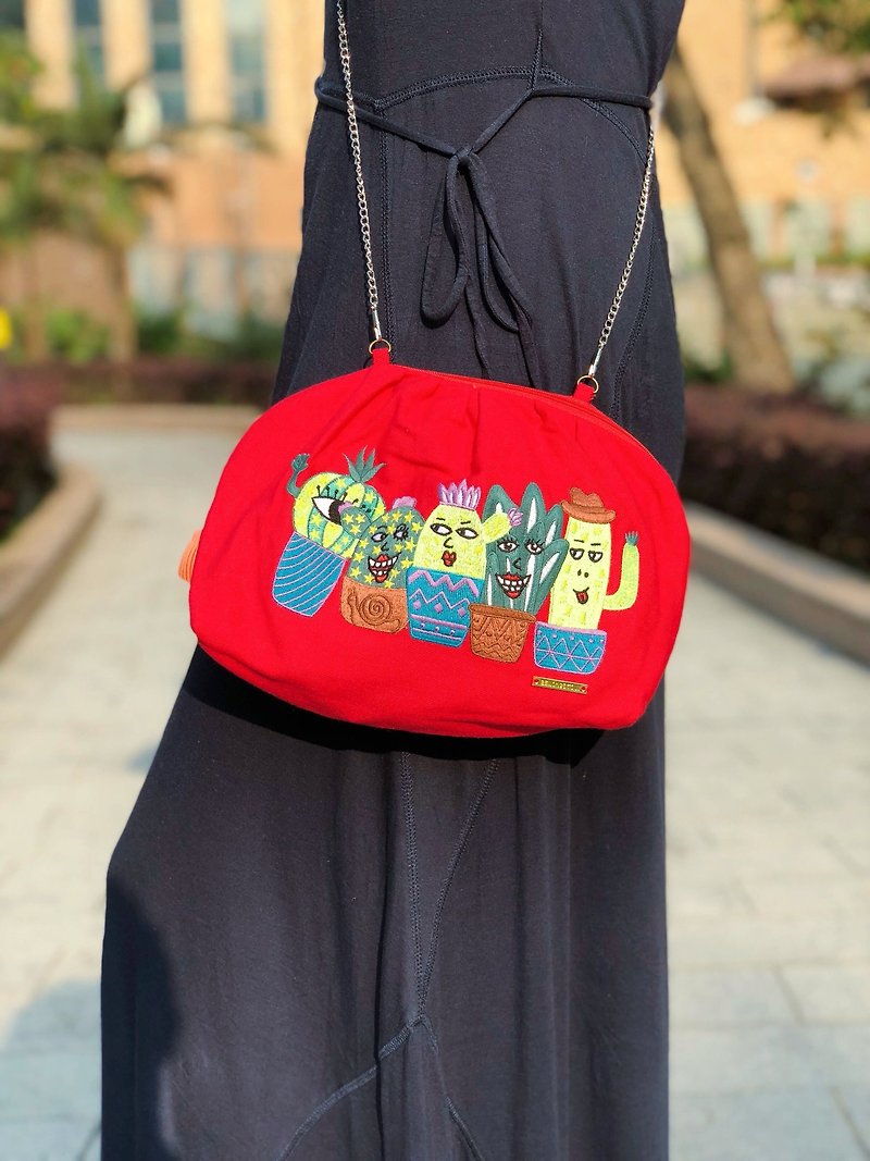 Cotton Canvas Embroidery Across-body bag - Forever Friends - Messenger Bags & Sling Bags - Thread Red