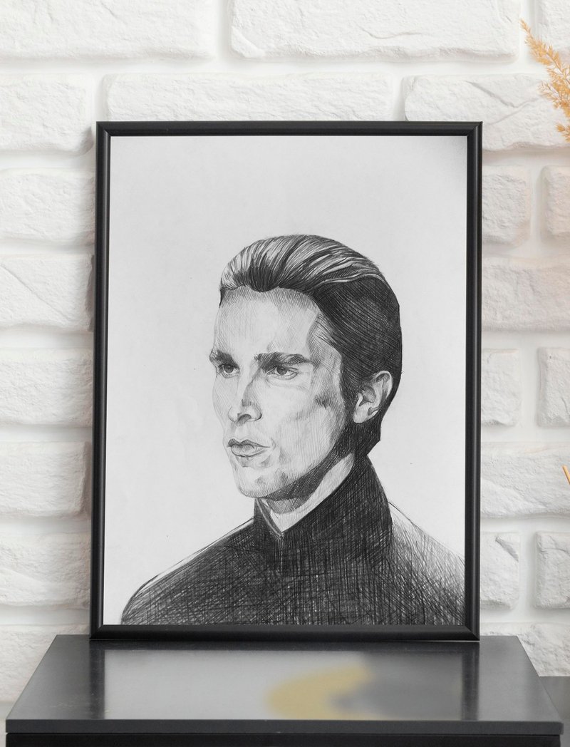 Christian Bale Portrait - Wall Art, Home Decor, Hanging Paintigs - ตกแต่งผนัง - กระดาษ สีดำ