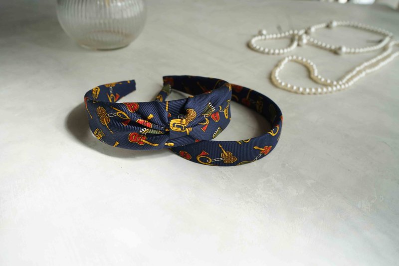 Antique tie modified handmade hairband-CHANEL Chanel rockstar-dark blue-bow/narrow version - ที่คาดผม - ผ้าไหม สีน้ำเงิน