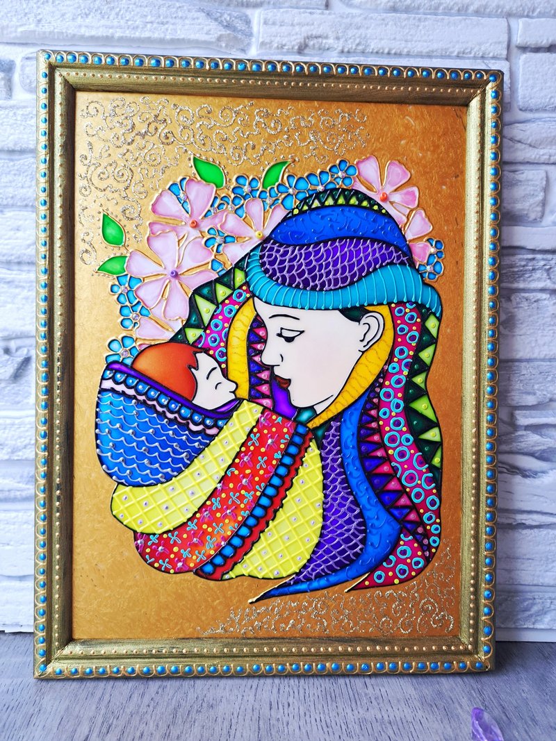 Stained glass original painting Mother and child Virgin Mary wall decor Mosaic - Wall Décor - Glass Multicolor