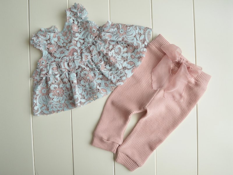 Newborn girl lace outfit photo prop: dress and pants set in pale blue and pink