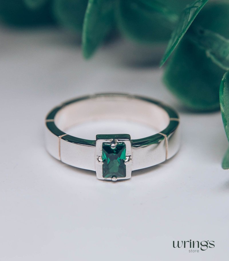 Custom Octagon Gemstone Wedding Band Sterling Silver Men's Wide Engagement Ring - 戒指 - 純銀 銀色