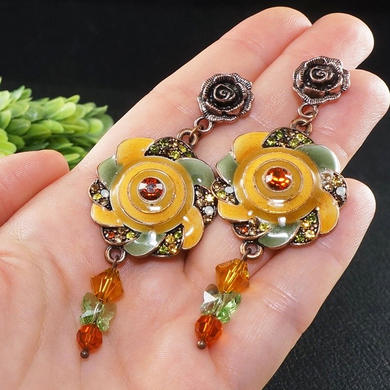 Mustard Yellow Green Orange Swarovski Crystal Enamel Large Long Earrings Jewelry - 耳環/耳夾/耳骨夾 - 水晶 黃色