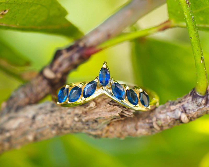 Tiara gold ring with sapphires - แหวนทั่วไป - เครื่องประดับ สีทอง