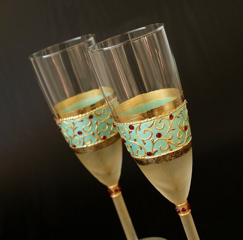 Wedding Glasses Champagne Gold Mint Green and Red Hand Painted Set of 2 - 酒杯/酒器 - 玻璃 金色