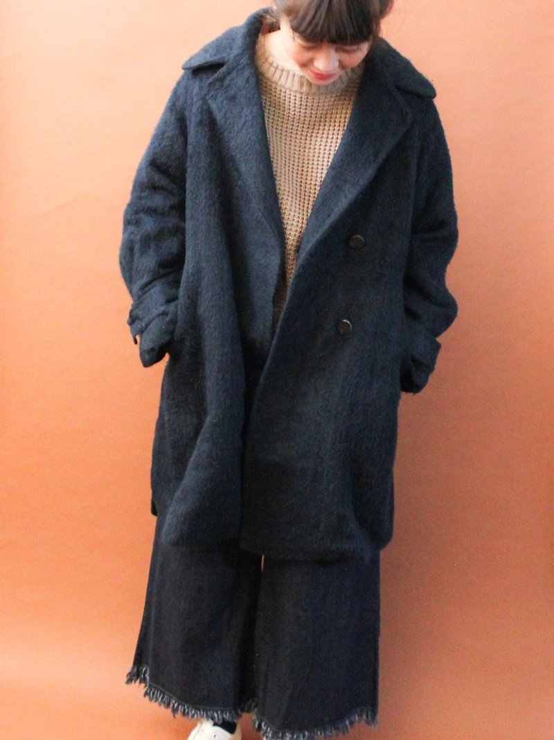 復古韓國製秋冬寬鬆毛海深湖水藍古著大衣外套 Vintage Coat - 外套/大衣 - 羊毛 藍色