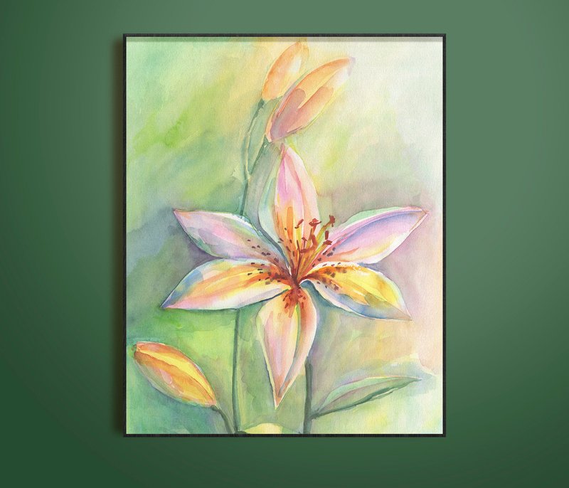 Lilies Original Watercolor Painting Modern Painting delicate Flowers Art 39x29cm - Illustration, Painting & Calligraphy - Paper Pink